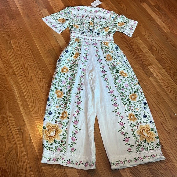 Farm Rio - Off-White Folk Floral Lenzing Ecovero Euroflax Jumpsuit Medium NWT - Picture 14 of 16